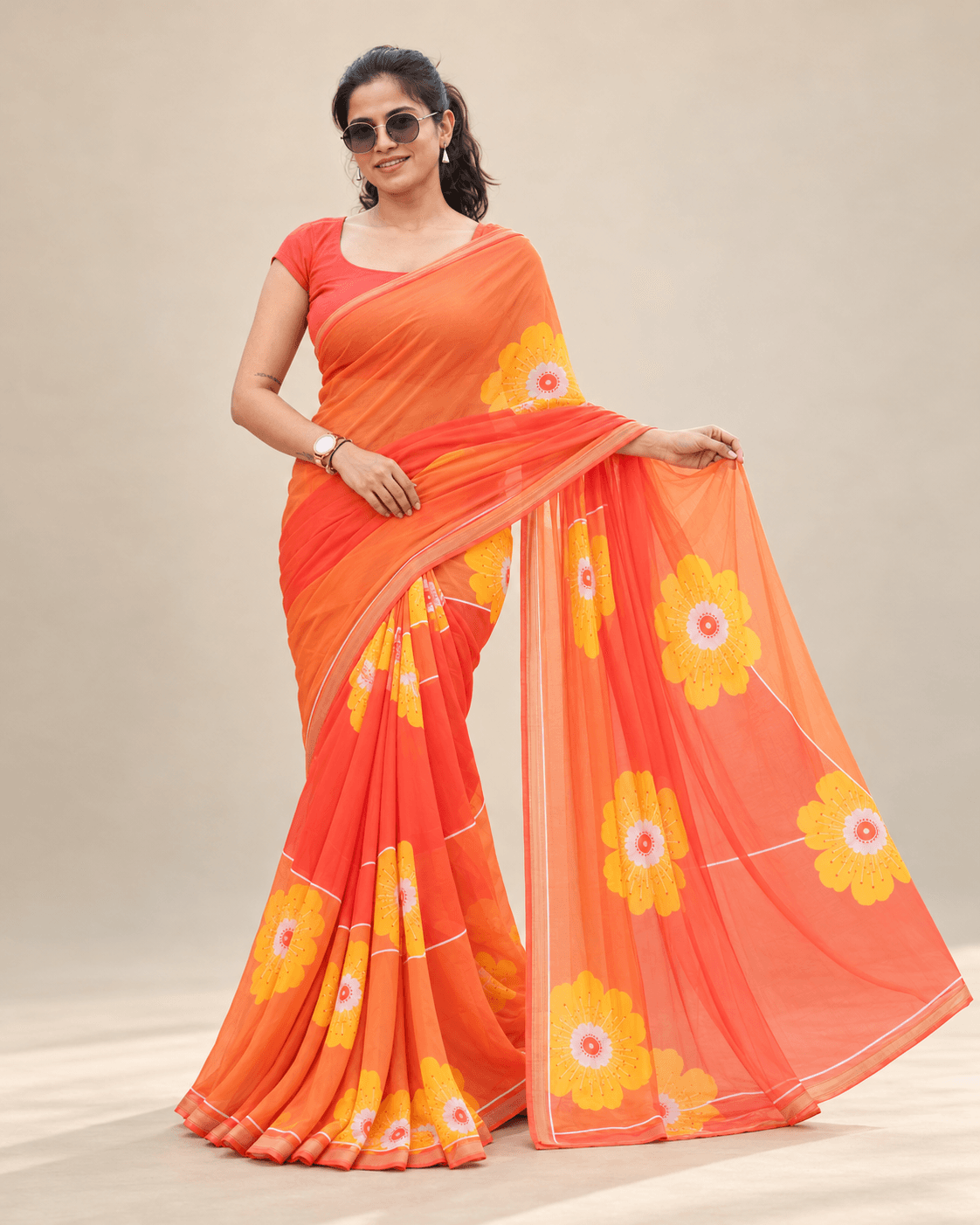 The Marigold Muse – Orange Floral Saree