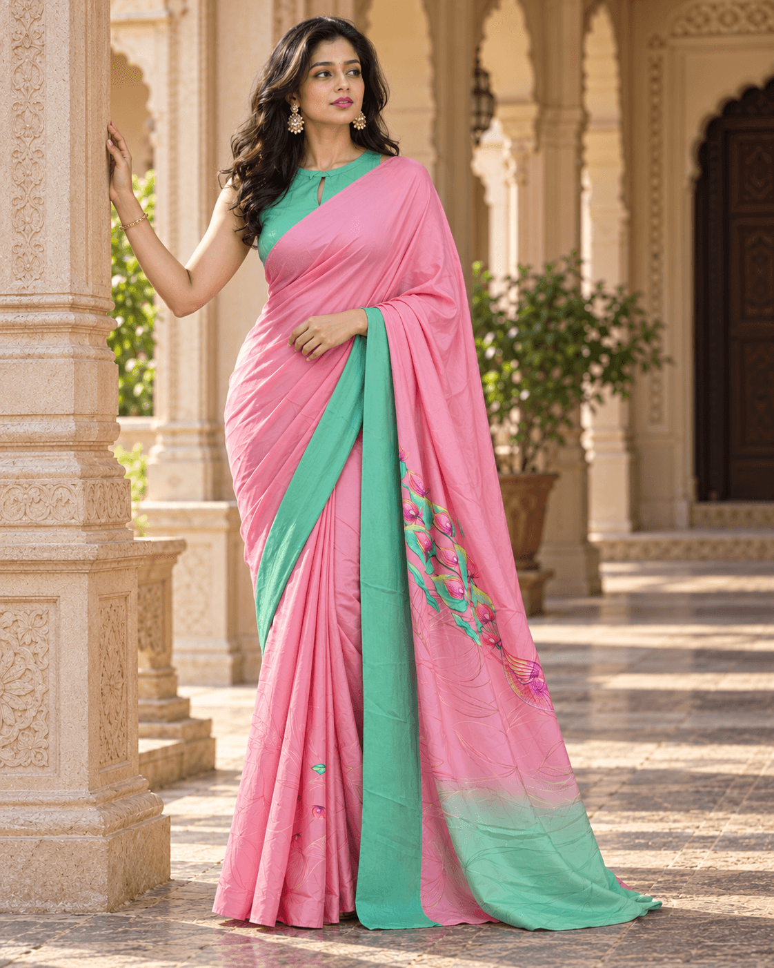 The Blush Botanica – Pink & Mint Green Printed Saree