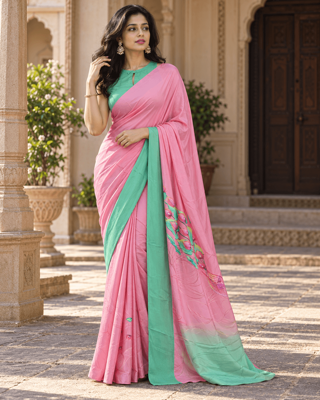 The Blush Botanica – Pink & Mint Green Printed Saree
