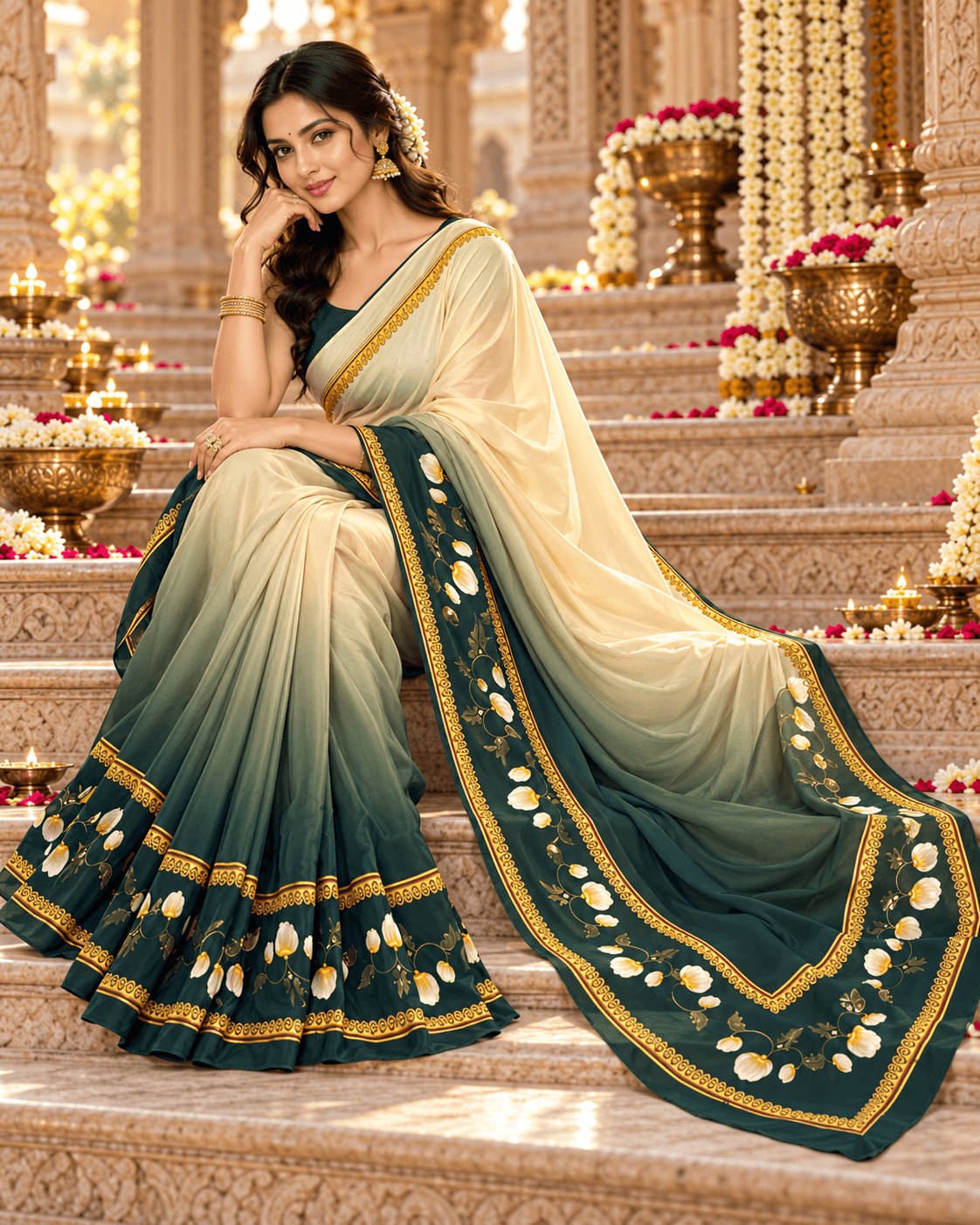 The Emerald Ivory Bloom – Ivory & Emerald Green Floral Saree
