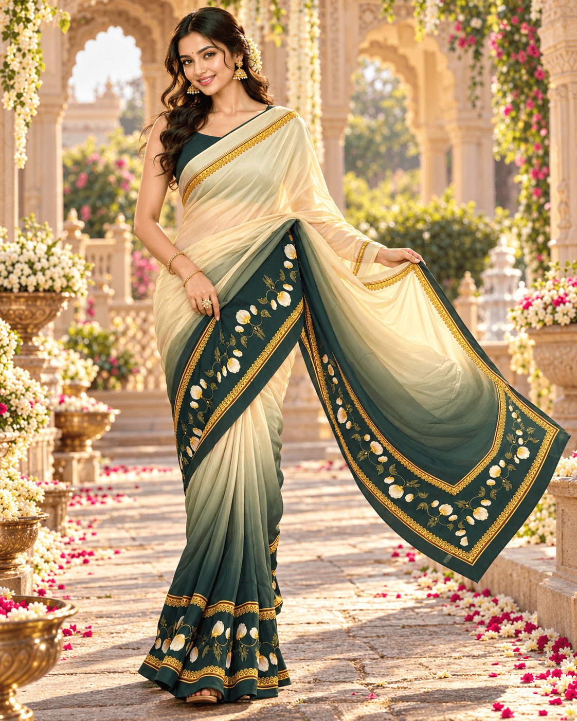 The Emerald Ivory Bloom – Ivory & Emerald Green Floral Saree