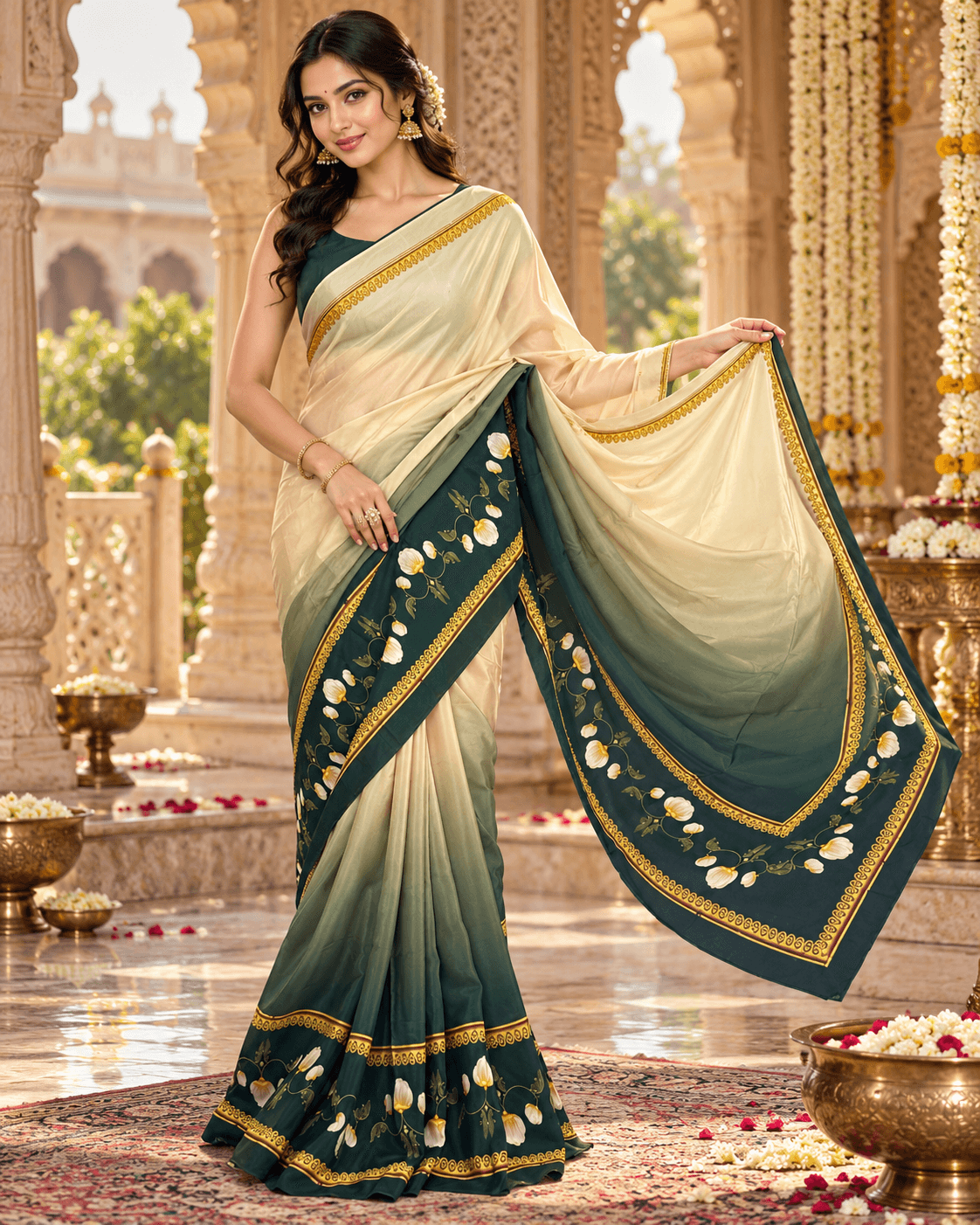 The Emerald Ivory Bloom – Ivory & Emerald Green Floral Saree