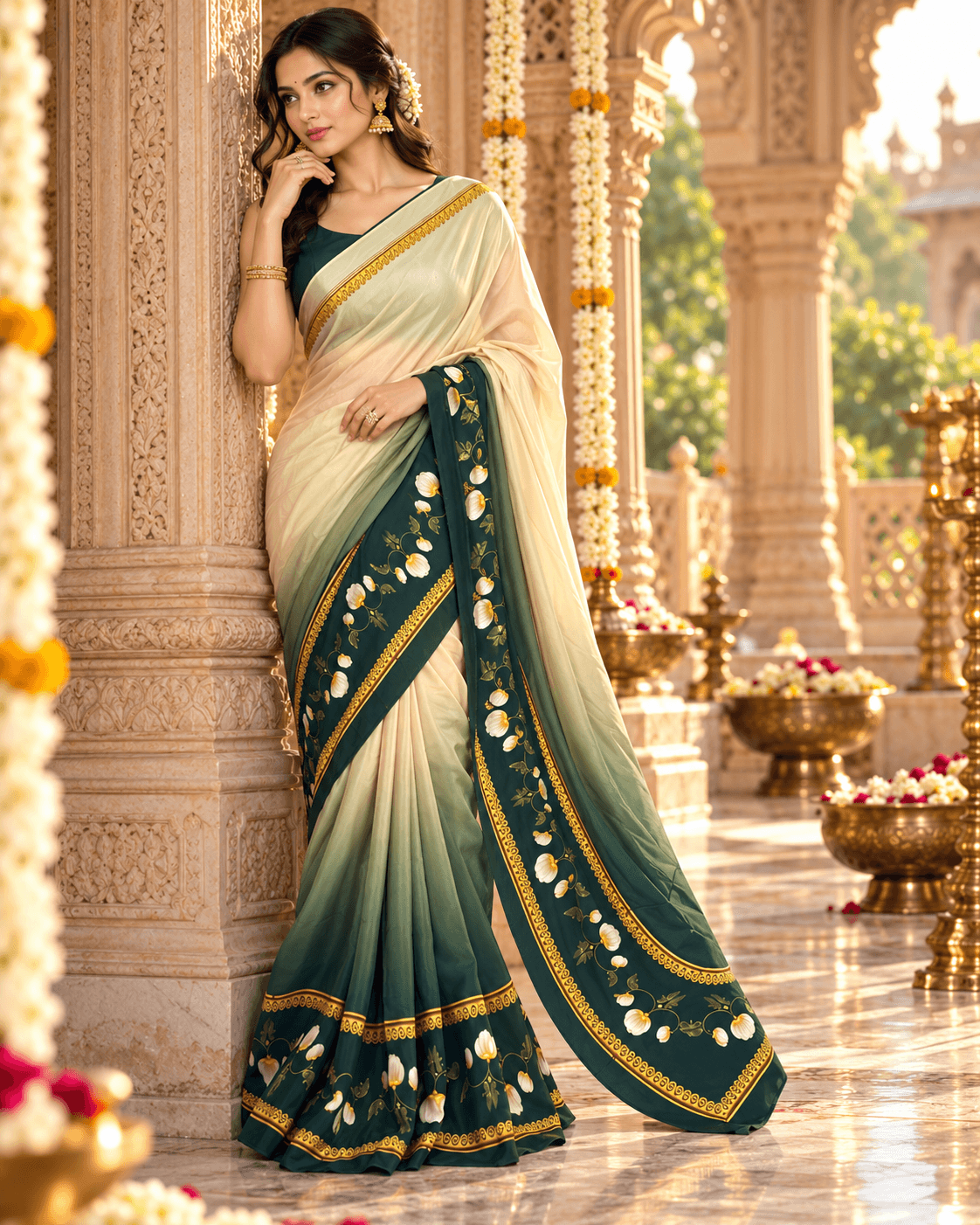 The Emerald Ivory Bloom – Ivory & Emerald Green Floral Saree