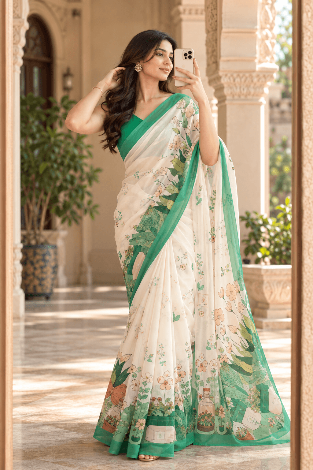 The Botanical Reverie – Ivory & Green Saree