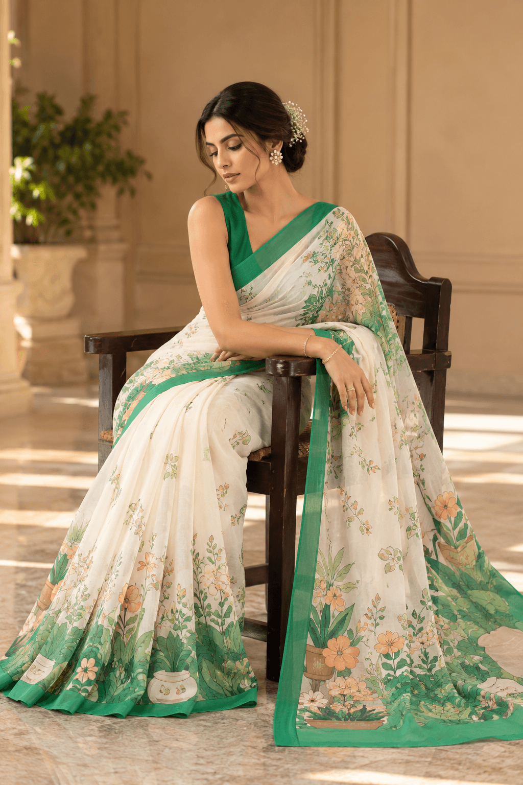 The Botanical Reverie – Ivory & Green Saree