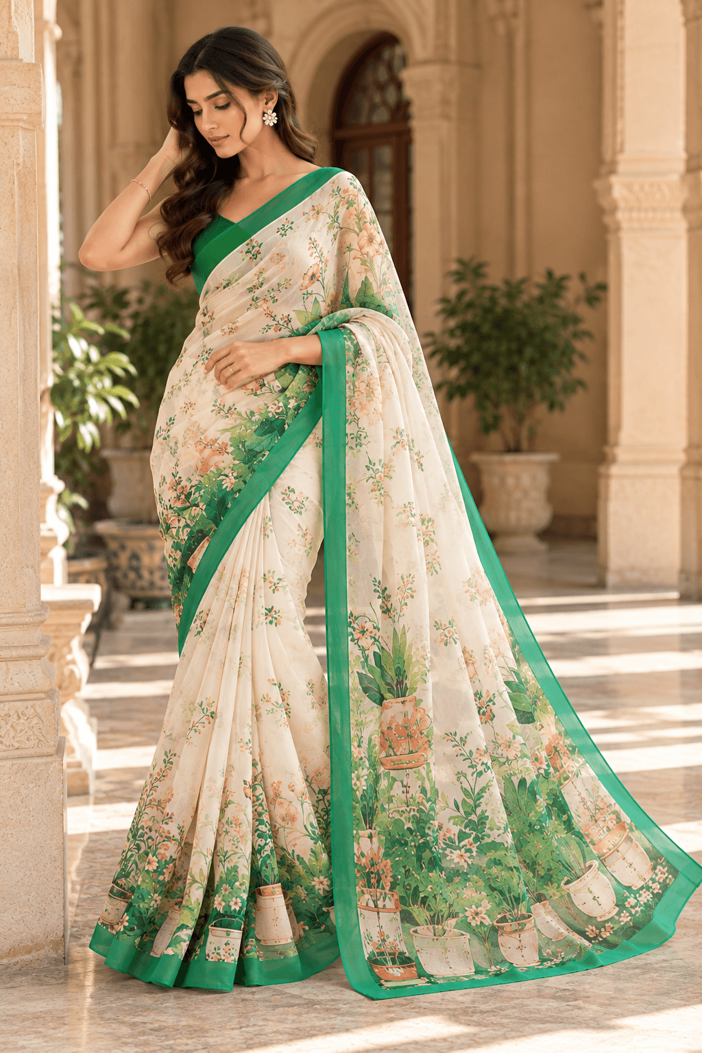 The Botanical Reverie – Ivory & Green Saree