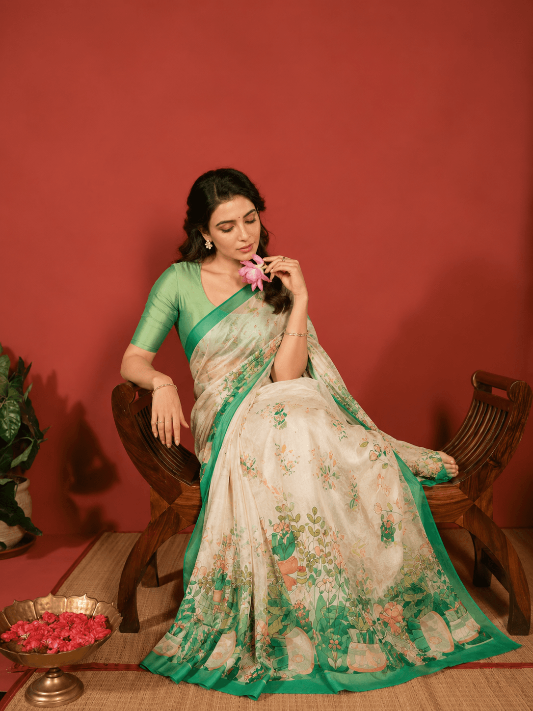 The Botanical Reverie – Ivory & Green Saree