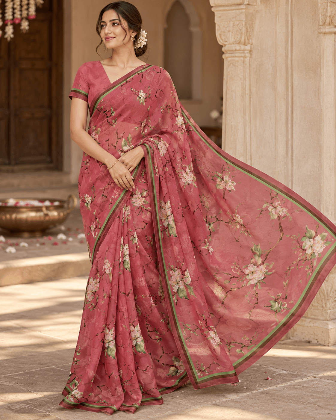 The Rosé Blossom – Dusty Rose Floral Saree